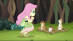 Size: 1680x951 | Tagged: safe, screencap, fluttershy, equestria girls, g4, my little pony equestria girls: legend of everfree, animal, bare shoulders, camp fashion show outfit, clothes, dress, female, high heels, sleeveless, tank top