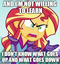 Size: 365x390 | Tagged: safe, sunset shimmer, equestria girls, g4, my little pony equestria girls: friendship games, exploitable meme, image macro, meme, sunset is not willing to learn, upside down