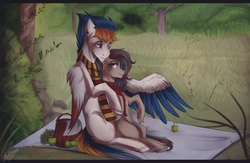 Size: 2000x1300 | Tagged: safe, artist:orfartina, oc, oc only, earth pony, pegasus, pony, apple, clothes, food, heterochromia, male, oc x oc, picnic, scarf, shipping, straight