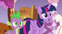 Size: 768x430 | Tagged: safe, screencap, spike, twilight sparkle, alicorn, pony, g4, ppov, animated, discovery family logo, gif, levitation, magic, quill, scroll, telekinesis, twilight sparkle (alicorn)