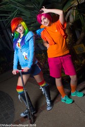Size: 3456x5184 | Tagged: safe, artist:cosplayhazard, artist:meotashie, rainbow dash, scootaloo, human, g4, absurd resolution, breasts, busty rainbow dash, clothes, converse, cosplay, costume, cutie mark on clothes, duo, fake wings, female, goggles, hoodie, irl, irl human, katsucon, katsucon 2016, multicolored hair, photo, rainbow hair, scooter, shoes, sneakers