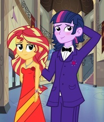 Size: 2092x2466 | Tagged: dead source, safe, artist:drewmwhit, artist:favoriteartman, sunset shimmer, twilight sparkle, equestria girls, g4, blushing, canterlot high, clothes, dress, dusk shine, equestria guys, fall formal, half r63 shipping, high res, male, necktie, prince dusk, rule 63, ship:duskshimmer, ship:sunsetsparkle, shipping, smiling, straight, suit