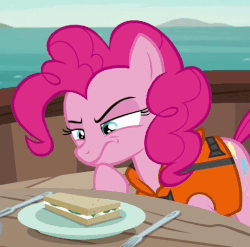 Size: 513x507 | Tagged: safe, screencap, pinkie pie, earth pony, pony, g4, ppov, season 6, animated, cucumber sandwiches, female, food, fork, gif, lifejacket, loop, mare, sandwich, solo, unsure