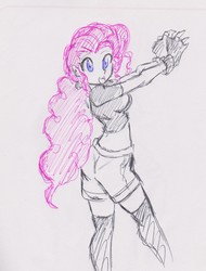 Size: 1732x2279 | Tagged: safe, artist:elgatosabio, pinkie pie, equestria girls, g4, alternate hairstyle, clothes, female, fingerless gloves, gloves, midriff, ponytail, shorts, simple background, socks, solo, t-shirt, thigh highs, traditional art