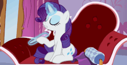 Size: 960x497 | Tagged: safe, screencap, rarity, pony, g4, ppov, season 6, animated, fainting couch, female, gif, hooficure, loop, magic, nail file, solo