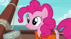 Size: 749x419 | Tagged: safe, screencap, pinkie pie, earth pony, pony, g4, ppov, season 6, animated, cucumber sandwiches, discovery family logo, eating, female, force feeding, gif, lifejacket, loop, mare, solo, swallowing, throat bulge