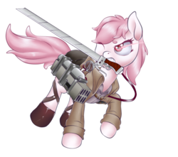 Size: 950x840 | Tagged: safe, artist:mandy_the_pantie_pone, oc, oc only, oc:mandy panties, 3dmg, attack on titan, clothes, crossover, jacket, pink, solo, sword, weapon