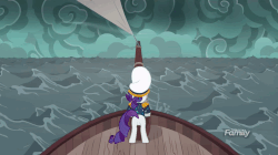 Size: 902x505 | Tagged: safe, screencap, rarity, pony, g4, ppov, animated, butt, captain rarity, discovery family logo, female, gif, mare, ocean, plot, rogue wave, ship, solo, wave