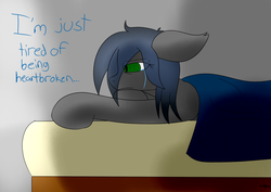 Size: 2818x2000 | Tagged: safe, artist:eclipsepenumbra, oc, oc only, oc:eclipse penumbra, bat pony, pony, bags under eyes, bed, blanket, crying, depressed, green eyes, heartbreak, high res, lying down, sad, solo