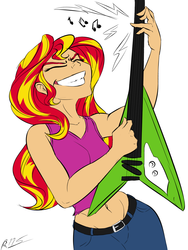 Size: 903x1200 | Tagged: safe, artist:drizziedoodles, sunset shimmer, equestria girls, g4, belly button, clothes, electric guitar, excited, eyes closed, female, flying v, grin, guitar, happy, human coloration, midriff, musical instrument, pants, playing, signature, smiling, solo, sunset shredder