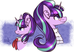 Size: 713x508 | Tagged: safe, artist:ayoarts, snowfall frost, starlight glimmer, g4, back to back, bust, duality, ear fluff, glasses, long mane, portrait, simple background, transparent background