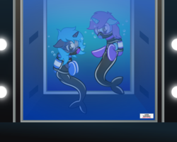 Size: 5715x4572 | Tagged: safe, artist:nxzc88, oc, oc only, oc:blue heart, oc:sleepy zee, merpony, absurd resolution, aquarium, bondage, diving, dolphin suit, latex, latex suit, scuba gear, underwater, water
