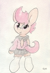 Size: 679x990 | Tagged: safe, artist:slightlyshade, scootaloo, g4, clothes, cute, cutealoo, female, pleated skirt, shirt, skirt, skirtaloo, socks, solo, traditional art