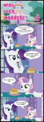Size: 1235x3415 | Tagged: safe, artist:mikedugan, rarity, sweetie belle, pony, unicorn, g4, burger, carousel boutique, comic, cutie mark, eyeshadow, female, filly, foal, food, hay burger, lidded eyes, makeup, mare, reaching, sitting, speech bubble, table, the cmc's cutie marks, unamused