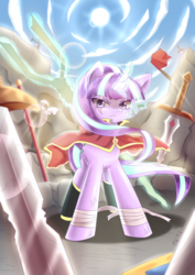 Size: 1240x1754 | Tagged: safe, artist:banzatou, starlight glimmer, pony, g4, backlighting, badass, cape, clothes, cool, epic, female, glowing, glowing horn, horn, looking at you, magic, s5 starlight, scar, solo, staff, staff of sameness, sun, sword, telekinesis, weapon