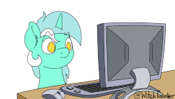Size: 1280x720 | Tagged: safe, artist:witchtaunter, lyra heartstrings, pony, g4, animated, computer, computer mouse, disgusted, female, floppy ears, frame by frame, gif, horrified, keyboard, looking at you, lyra is not amused, monitor, no pupils, reaction image, simple background, solo, table, unamused, vomit, vomiting
