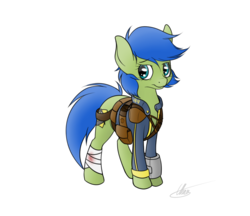 Size: 900x776 | Tagged: safe, artist:ethaes, oc, oc only, oc:scotch tape, fallout equestria, fallout equestria: homelands, fallout equestria: project horizons, bandage, clothes, fallout, jumpsuit, pipbuck, simple background, solo, transparent background, utility belt, vault suit