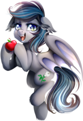 Size: 1250x1825 | Tagged: safe, artist:meotashie, oc, oc only, oc:daturea eventide, bat pony, pony, apple, floating, floppy ears, fruit, lidded eyes, looking at you, open mouth, simple background, smiling, solo, spread wings, transparent background