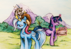 Size: 1136x788 | Tagged: safe, artist:buttersprinkle, discord, trixie, twilight sparkle, alicorn, pony, g4, to where and back again, book, grumpy, smirk, traditional art, twilight sparkle (alicorn)