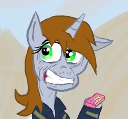 Size: 1160x1080 | Tagged: safe, artist:sumguy, oc, oc only, oc:littlepip, pony, unicorn, fallout equestria, clothes, drug use, drugs, fanfic, fanfic art, female, jumpsuit, junkie, mare, mint-als, nightmare fuel, party time mintals, solo, vault suit