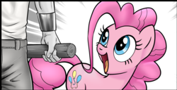 Size: 1470x751 | Tagged: safe, artist:pencils, pinkie pie, oc, oc:anon, human, pony, comic:anon's pie adventure, g4, bracer, clothes, cropped, cute, diapinkes, happy, looking up, open mouth, smiling