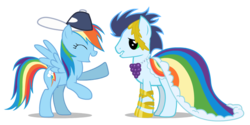 Size: 800x400 | Tagged: safe, artist:mixermike622, edit, rainbow dash, soarin', pony, g4, backwards ballcap, clothes, crossdressing, dress, gala dress, hat, laughing, male, ship:soarindash, shipping, simple background, straight, transparent background