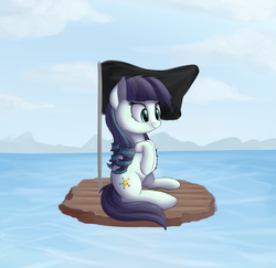 Size: 2000x1941 | Tagged: safe, artist:vanillaghosties, coloratura, earth pony, pony, g4, cloud, cute, female, flag, ocean, raft, smiling, solo