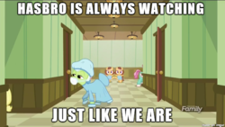 Size: 610x343 | Tagged: safe, edit, edited screencap, screencap, granny smith, earth pony, pony, g4, where the apple lies, clothes, face mask, female, image macro, mare, meme, scrubs (gear), the grady girls, the shining, unnamed character, unnamed pony