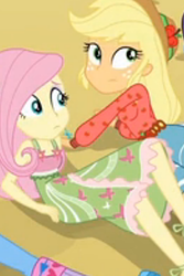 Size: 278x416 | Tagged: safe, screencap, applejack, fluttershy, equestria girls, g4, my little pony equestria girls: legend of everfree, bare shoulders, camp fashion show outfit, cropped, eyes on the prize, female, out of context, sleeveless