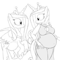 Size: 1024x1024 | Tagged: safe, artist:20thx5150, princess cadance, alicorn, anthro, g4, anthro ponidox, belly, belly button, big belly, breasts, busty princess cadance, clothes, crown, female, flying, grayscale, jewelry, looking at each other, mare, monochrome, outie belly button, pregdance, pregnant, regalia, simple background