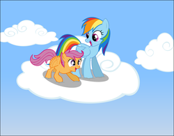 Size: 2154x1683 | Tagged: safe, artist:zacatron94, rainbow dash, scootaloo, pegasus, pony, g4, buzzing wings, cloud, cute, cutealoo, dashabetes, excited, flying lesson, scootalove