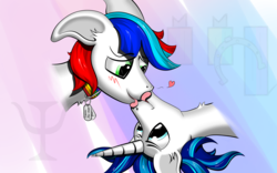 Size: 4000x2500 | Tagged: safe, artist:raptorpwn3, oc, oc only, oc:pedals, oc:psi, pegasus, pony, unicorn, blushing, collar, coltfriend, cute, gay, kissing, licking, male, oc x oc, pet, pet tag, shipping, stallion, tongue out