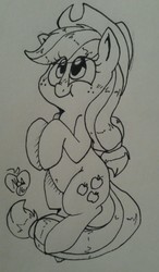 Size: 747x1280 | Tagged: safe, artist:notenoughapples, applejack, pony, g4, belly button, bipedal, female, inktober, monochrome, sketch, solo, traditional art