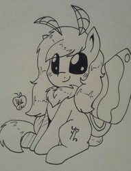 Size: 980x1280 | Tagged: safe, artist:notenoughapples, oc, oc only, oc:scarlet strings, mothpony, original species, inktober, monochrome, sitting, solo, traditional art