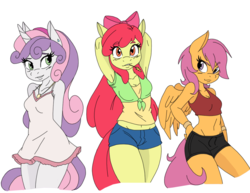 Size: 1280x989 | Tagged: safe, artist:ambris, artist:flawlessvictory20, edit, apple bloom, scootaloo, sweetie belle, earth pony, pegasus, unicorn, anthro, g4, adorabloom, arm behind back, arm behind head, armband, armpits, belly button, breasts, clothes, colored, cute, cutealoo, cutie mark crusaders, denim shorts, diasweetes, dress, ear piercing, earring, female, food, frilly dress, front knot midriff, green eyes, hand on hip, happy, hay stalk, headband, jewelry, looking at you, midriff, necklace, older, orange eyes, orange fur, piercing, ponytail, purple eyes, reasonably sized breasts, sexy, short hair, shorts, simple background, smiling, smug, sports bra, straw in mouth, sultry pose, tail, tanktop, teenager, thighs, trio, trio female, wheat, white background, wings, yellow fur