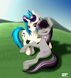 Size: 1920x2095 | Tagged: safe, artist:styroponyworks, dj pon-3, octavia melody, vinyl scratch, pony, g4, cuddling, female, hill, lesbian, mountain, ship:scratchtavia, shipping, snuggling, underhoof