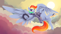 Size: 3840x2160 | Tagged: safe, artist:dimfann, rainbow dash, pegasus, pony, g4, armor, female, flying, high res, horseshoes, looking at you, mare, open mouth, redraw, sky, solo, spread wings, underhoof, wallpaper
