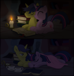 Size: 3000x3073 | Tagged: safe, artist:eagle1division, artist:king-kakapo, artist:sakatagintoki117, comet tail, twilight sparkle, pony, unicorn, g4, book, candle, candlelight, chocolate, cute, food, golden oaks library, high res, hot chocolate, lidded eyes, male, reading, ship:cometlight, shipping, sleeping, straight, unicorn twilight, vector