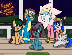 Size: 1056x816 | Tagged: safe, artist:koonzypony, oc, oc only, oc:chocolate pony, oc:cirrus sky, oc:lace works, oc:melting, oc:sapphire sights, oc:starry gaze, bat, bat pony, big cat, hippogriff, lion, pegasus, pony, unicorn, vampire, annoyed, chocolate, clothes, costume, excited, eyes closed, fangs, femboy, fluffy, food, frown, grin, halloween, happy, lidded eyes, male, nightmare night, open mouth, piercing, police, police officer, sitting, smiling, smirk, trick or treat, unamused, uniform, weeping angel, witch, wonderbolts, wonderbolts uniform