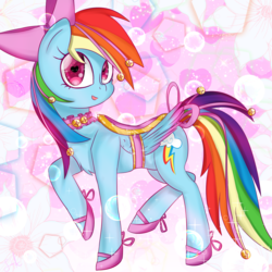 Size: 2031x2031 | Tagged: safe, artist:jonathan the awesome, derpibooru exclusive, rainbow dash, g4, bells, bow, choker, clothes, cute, hair bow, heart eyes, high res, lace, pink, rainbow dash always dresses in style, ribbon, saddle, shoes, streamers, wingding eyes