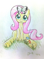 Size: 2180x2907 | Tagged: safe, artist:michiito, fluttershy, butterfly, g4, cute, female, flower, grass, high res, shyabetes, solo, traditional art