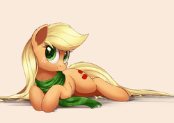 Size: 1950x1378 | Tagged: safe, artist:ncmares, applejack, earth pony, pony, g4, chest fluff, clothes, cute, ear fluff, female, freckles, hatless, jackabetes, looking at you, loose hair, mare, missing accessory, ncmares is trying to murder us, prone, scarf, signature, simple background, smiling, solo, white background
