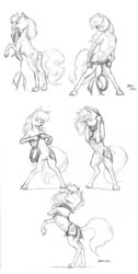Size: 1000x1984 | Tagged: safe, artist:baron engel, oc, oc only, oc:carousel, pony, bipedal, dressing, harness, monochrome, pencil drawing, sketch, traditional art