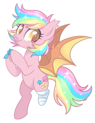 Size: 2500x3235 | Tagged: safe, artist:centchi, artist:hawthornss, oc, oc only, oc:paper stars, bat pony, pony, amputee, bandage, bat pony oc, collaboration, cute, cute little fangs, ear fluff, fangs, high res, looking at you, simple background, smiling, solo, transparent background