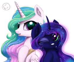 Size: 3197x2664 | Tagged: safe, artist:nimaru, princess celestia, princess luna, g4, ear fluff, grin, high res, one eye closed, royal sisters, simple background, smiling, style emulation, transparent background, wink