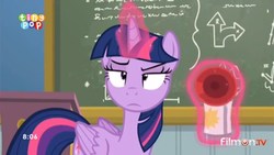 Size: 1920x1080 | Tagged: safe, screencap, twilight sparkle, alicorn, pony, g4, top bolt, airhorn, female, magic, mare, raised eyebrow, solo, twilight sparkle (alicorn), twilight sparkle is not amused, wake up