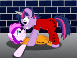 Size: 2200x1650 | Tagged: safe, artist:spellboundcanvas, twilight sparkle, oc, oc:page pulse, earth pony, pony, unicorn, g4, attack, clothes, horn, horn cap, jumpsuit, magic suppression, pounce, prison, prison outfit, prisoner, prisoner ts, tackle, twilight snapple, unicorn twilight