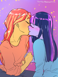 Size: 768x1024 | Tagged: safe, artist:extraluna, sunset shimmer, twilight sparkle, equestria girls, g4, blushing, female, kissing, lesbian, ship:sunsetsparkle, shipping, twilight sparkle (alicorn)