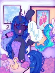 Size: 3000x4000 | Tagged: safe, artist:bunxl, pinkie pie, princess celestia, princess luna, anthro, g4, arm hooves, bathroom, eyes closed, frozen (movie), let it go, magic, rubber duck, singing, soap, song reference, telekinesis, towel