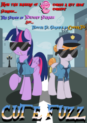 Size: 3307x4677 | Tagged: safe, artist:spritepony, copper top, twilight sparkle, alicorn, earth pony, pony, g4, the gift of the maud pie, charity, cuffs, female, grin, hot fuzz, manehattan, mare, movie, movie poster, parody, police, police pony, police uniform, smiling, sunglasses, text, toothpick, twilight sparkle (alicorn)